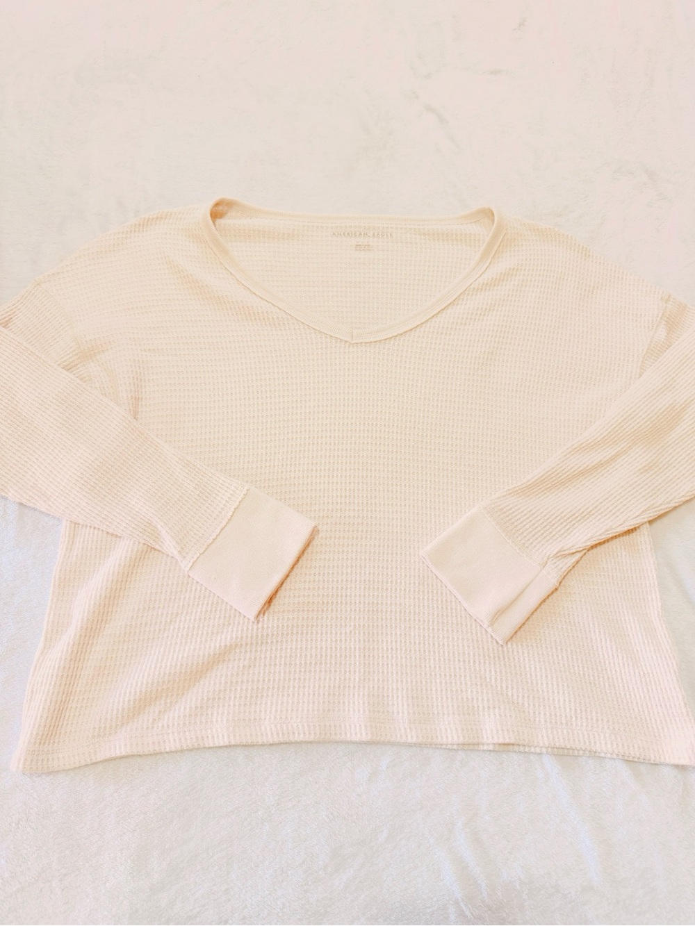 American Eagle Outfitters Light Cream Waffle Knit Long Sleeve Top